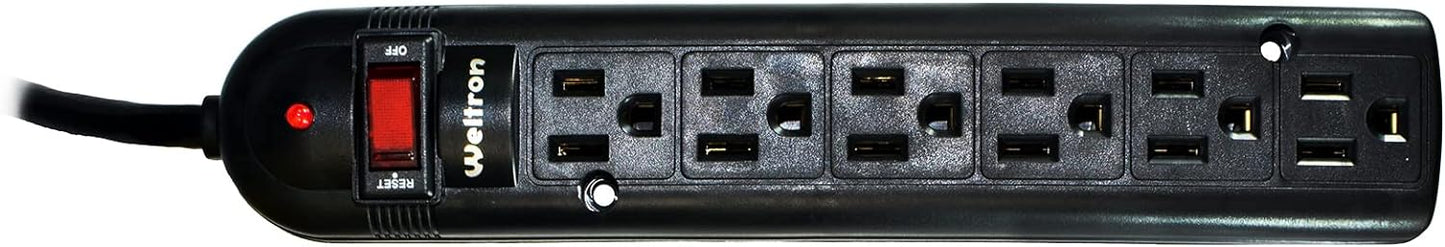 Weltron - Wall Mount 6 Outlet Surge Protector Power Strip 10 ft. Black (WSP-600PLF-10BK)
