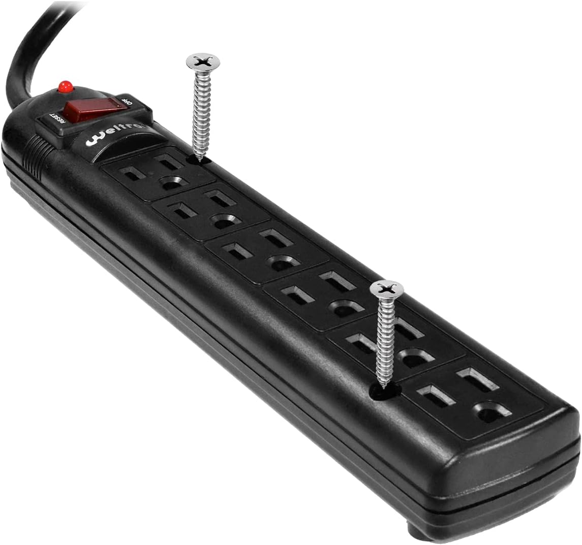 Weltron - Wall Mount 6 Outlet Surge Protector Power Strip 10 ft. Black (WSP-600PLF-10BK)