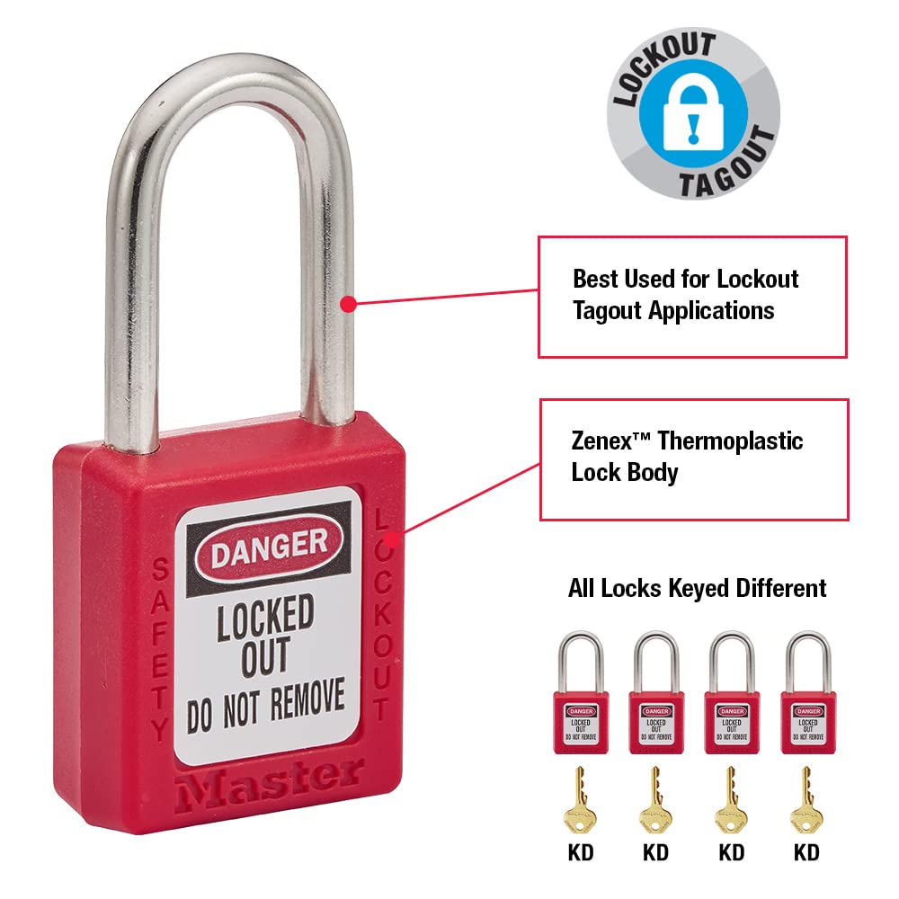 Master Lock 410RED Keyed Different Safety Lockout Padlock, Red