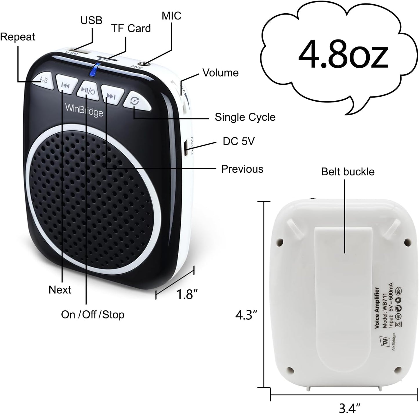 WinBridge WB001 Rechargeable Ultralight Portable Voice Amplifier Waist Support MP3 Format Audio for Tour Guides, Teachers, Coaches, Presentations, Costumes, Etc.-Black