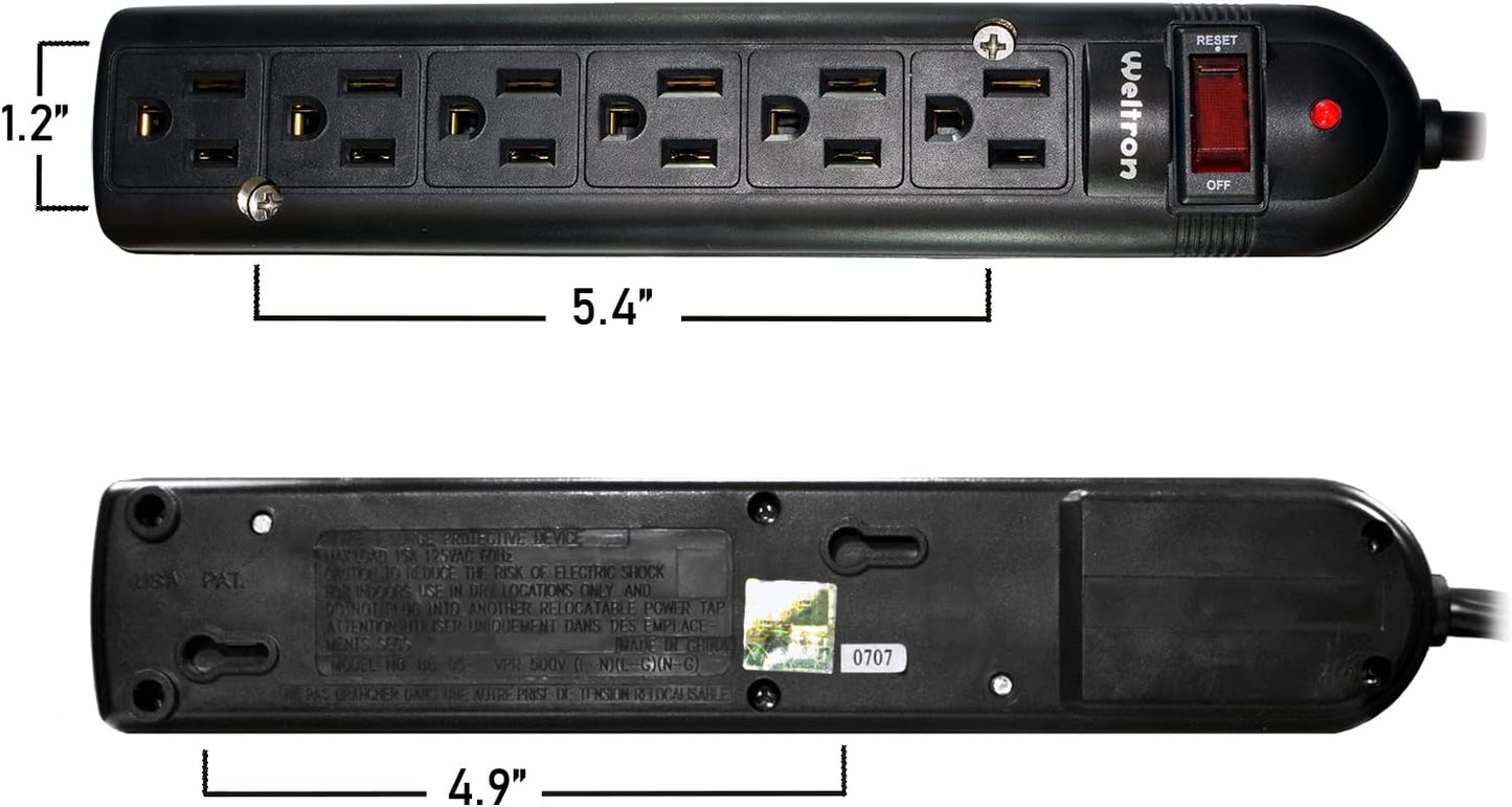Weltron - Wall Mount 6 Outlet Surge Protector Power Strip 10 ft. Black (WSP-600PLF-10BK)