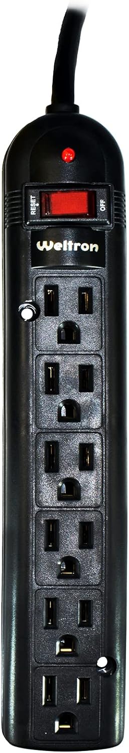 Weltron - Wall Mount 6 Outlet Surge Protector Power Strip 10 ft. Black (WSP-600PLF-10BK)