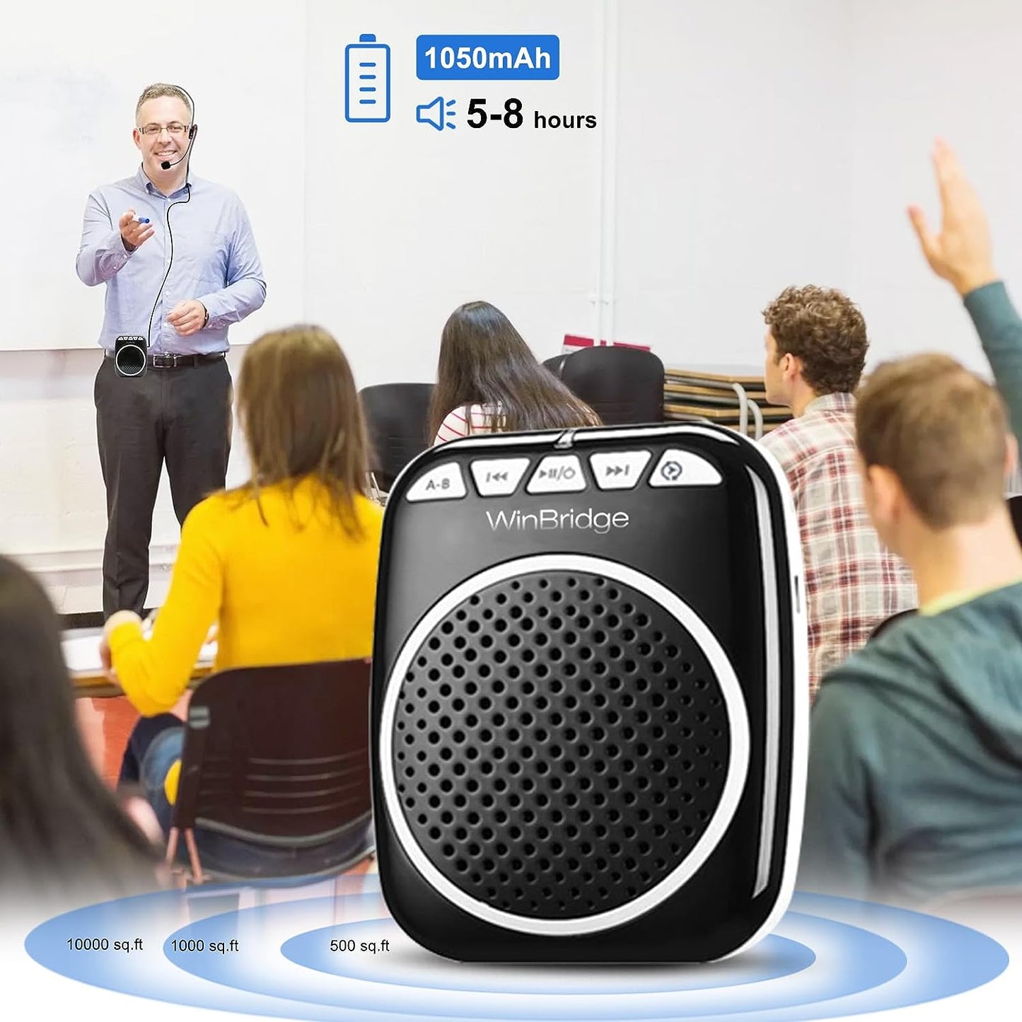 WinBridge WB001 Rechargeable Ultralight Portable Voice Amplifier Waist Support MP3 Format Audio for Tour Guides, Teachers, Coaches, Presentations, Costumes, Etc.-Black