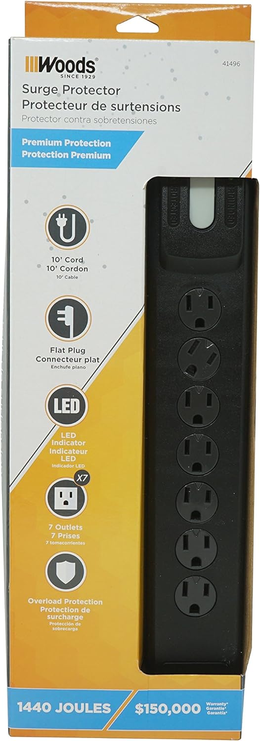Woods 41496 Surge Protector with Safety Overload Feature, 7 Outlets, 1440J of Protection, 10' Cord, Black
