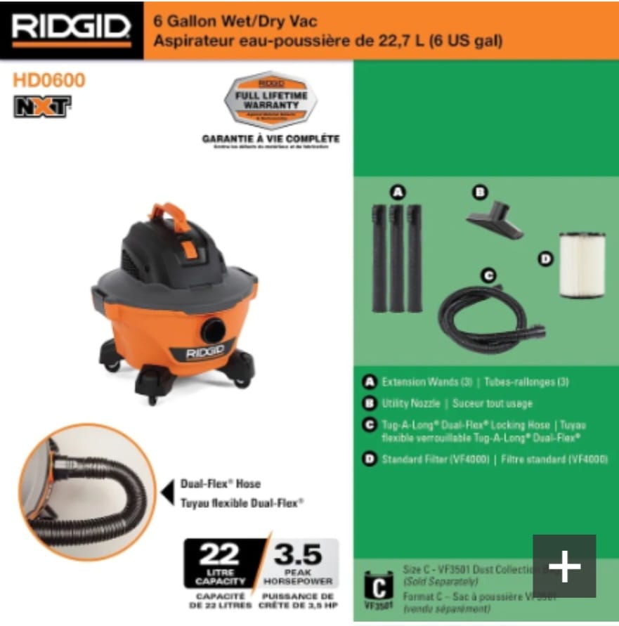 RIDGID NXT 22L (6 Gal.) 3.5 Peak HP Wet/Dry Shop Vacuum with 10 ft. Power Cord