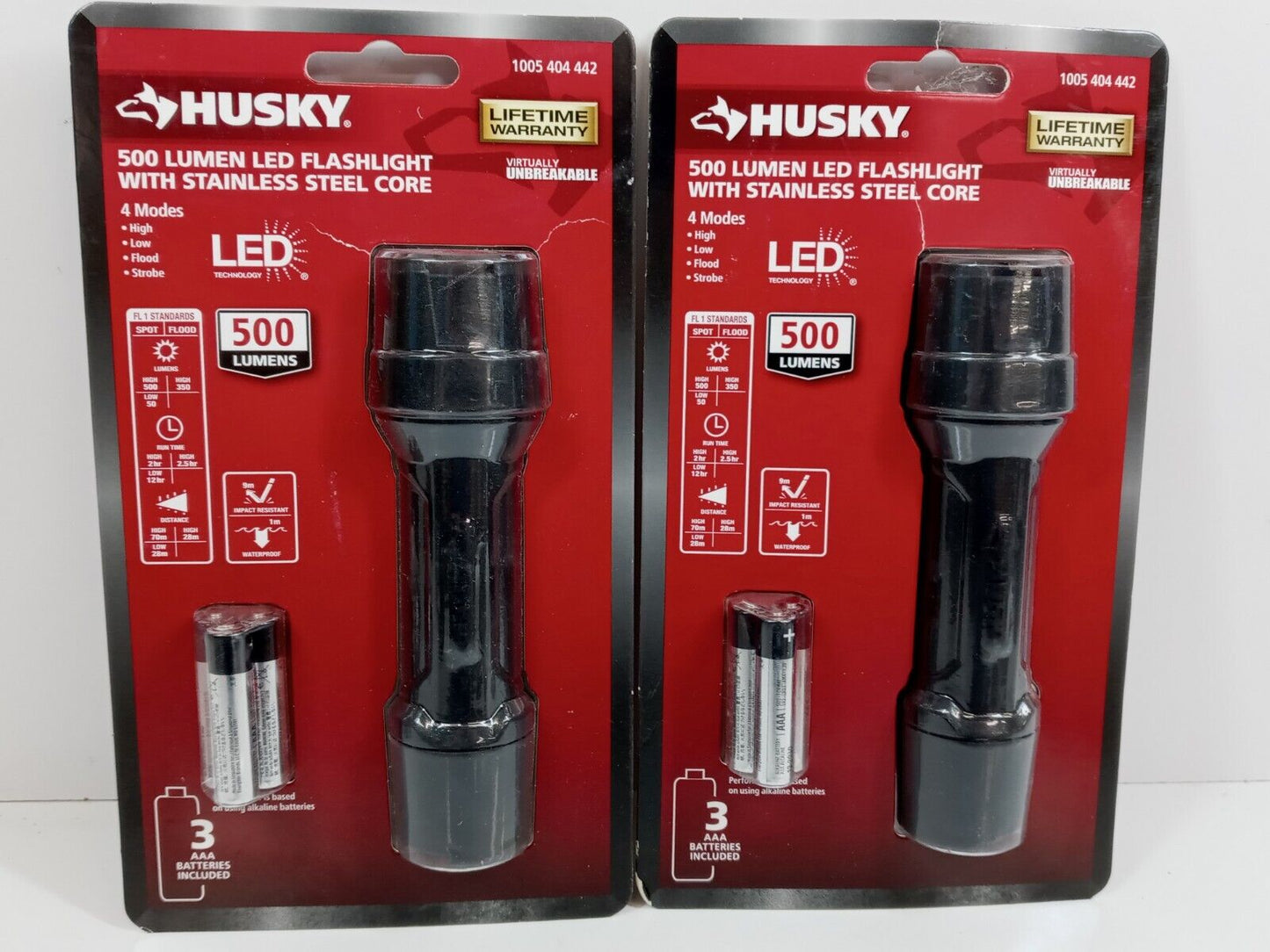 500 Lumens Tough Stainless Steel Core Multi-Setting LED Flashlight, Impact and Water Resistant with Batteries