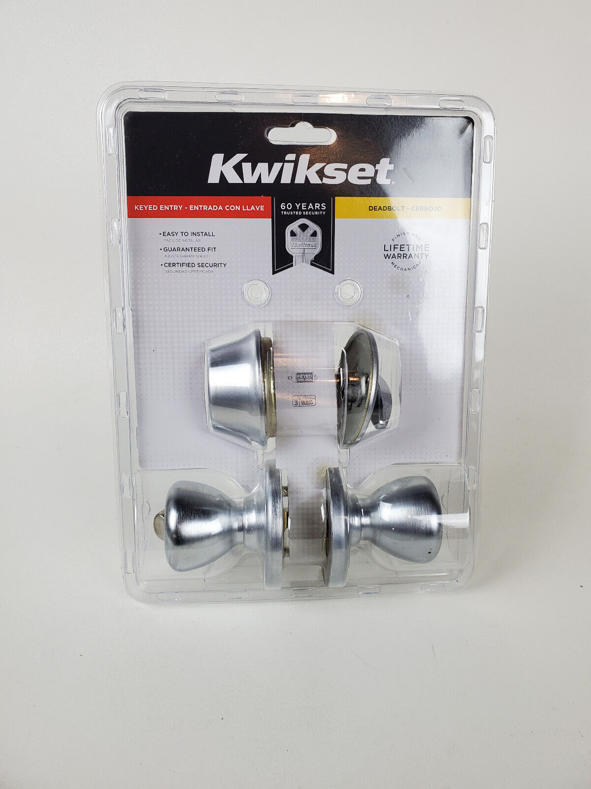 Kwikset Satin Chrome Tylo Door Knob & Single Cylinder Deadbolt Set