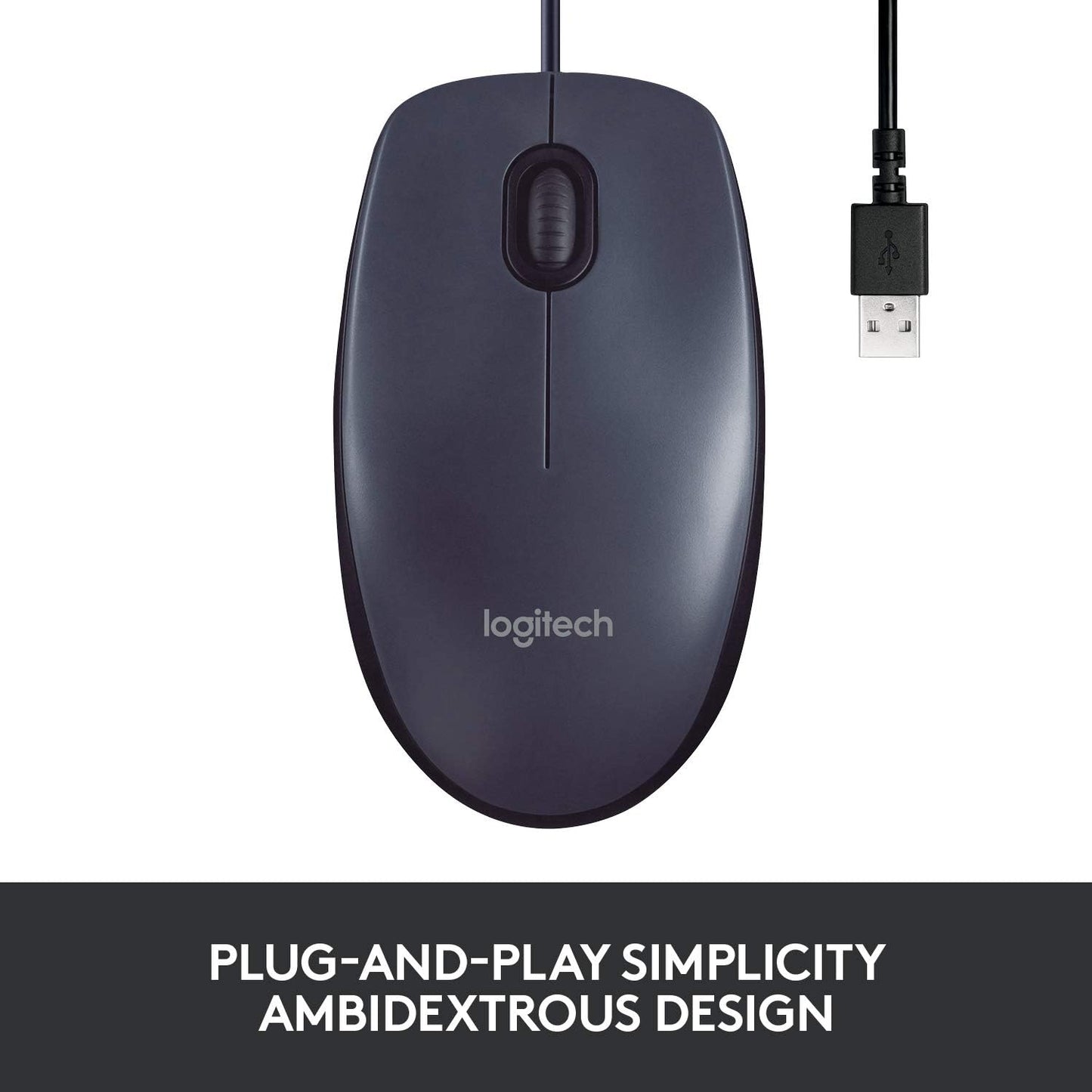 Logitech B100 Corded Mouse – Wired USB Mouse for Computers and laptops, for Right or Left Hand Use, Black