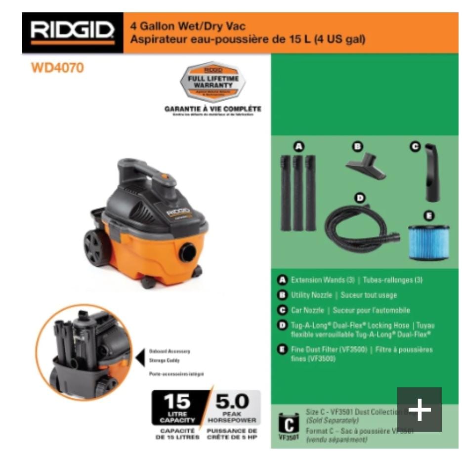 RIDGID 15L (4 Gal.) 5.0 Peak HP Portable Wet/Dry Shop Vacuum with Large Rear Wheels & Storage